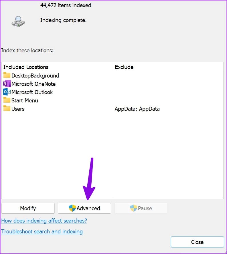 advanced menu in indexing option on Windows
