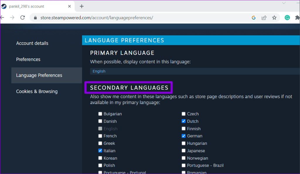 Secondary Language in Steam for Web