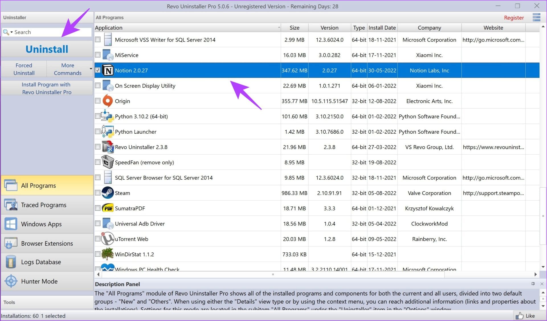 Select App Click Uninstall