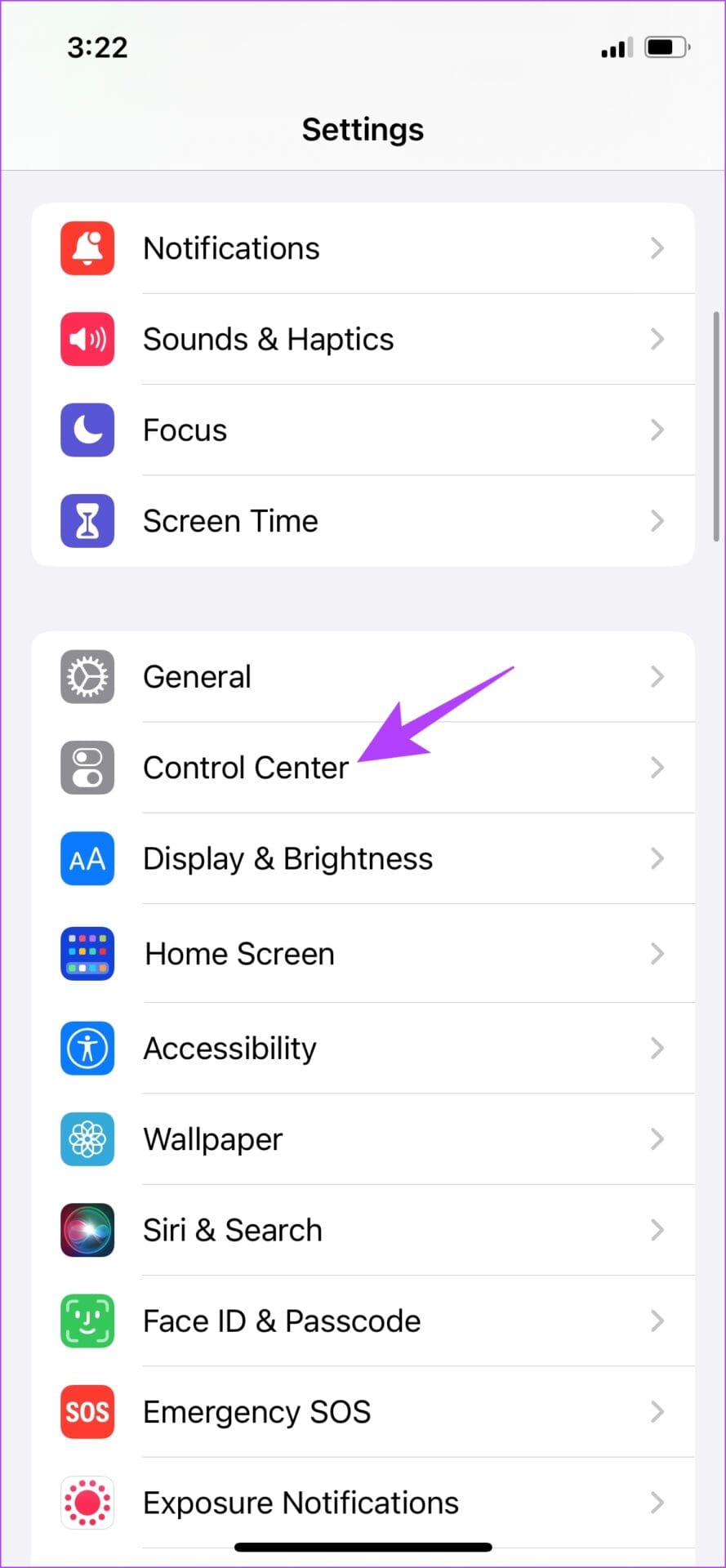 Select Control Center on iPhone