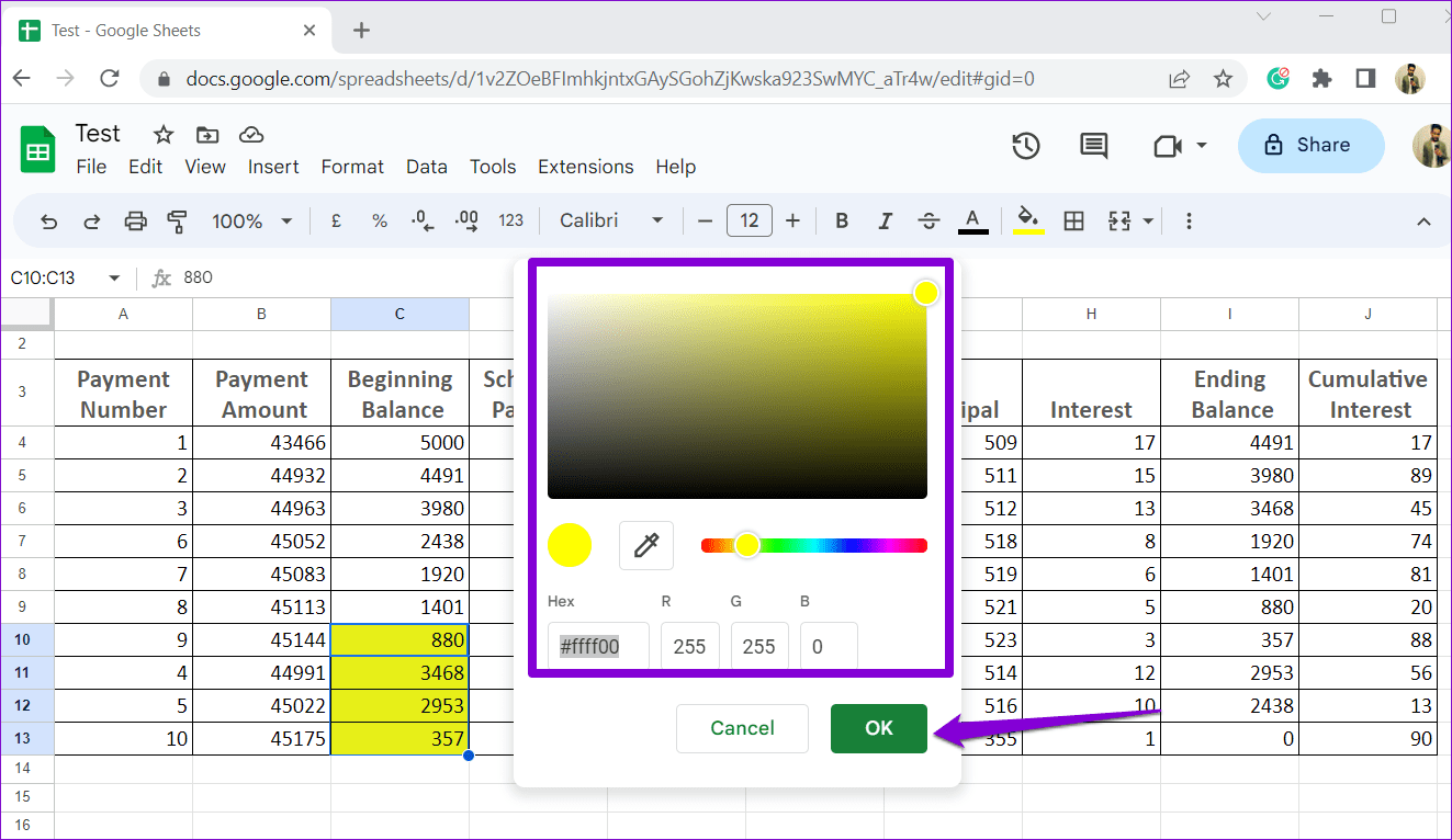 Select Custom Color in Google Sheets