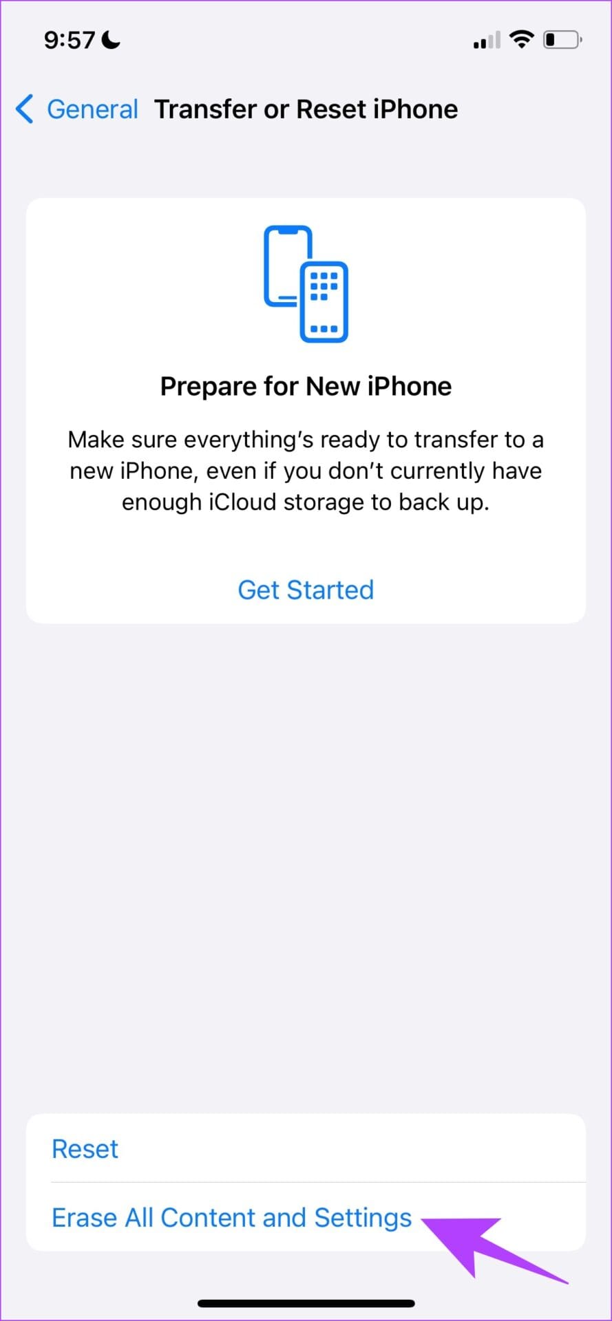 Select Erase all content and settings