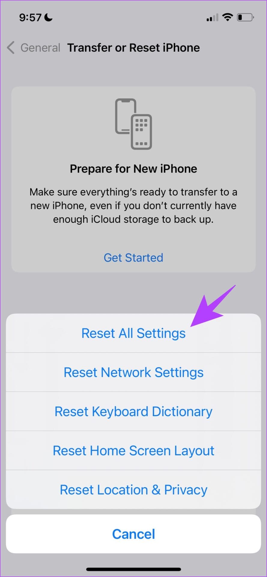 Select Reset All Settings