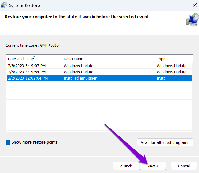Select Restore Point