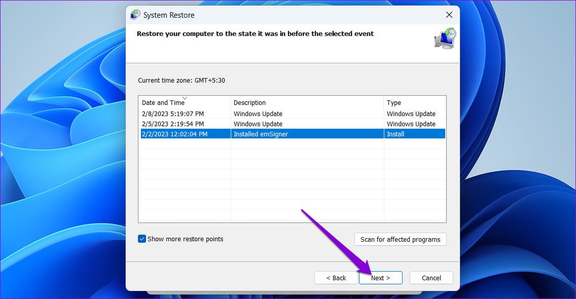 Select Restore Point in Windows 11