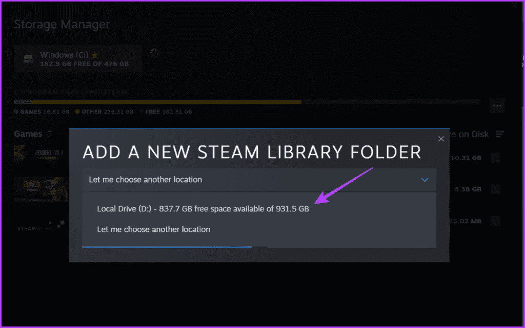 Select drive in Steam Storage Manager