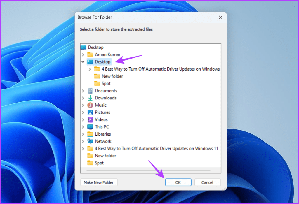 Select location to extract files