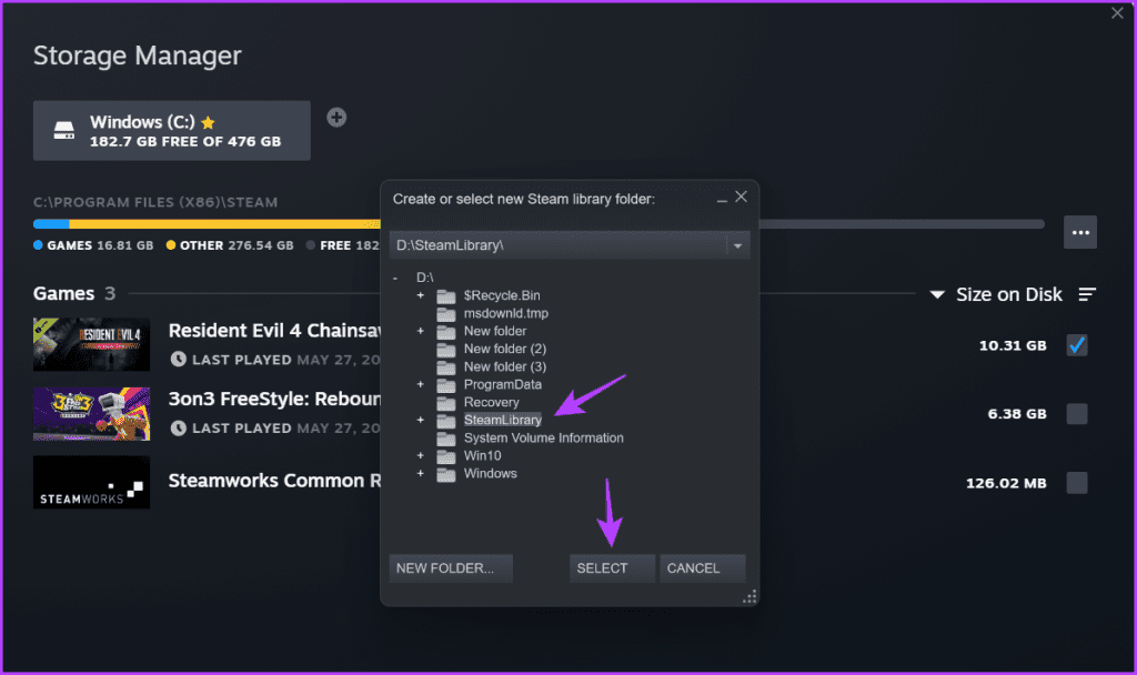Select option in Create or select new Steam library folder window