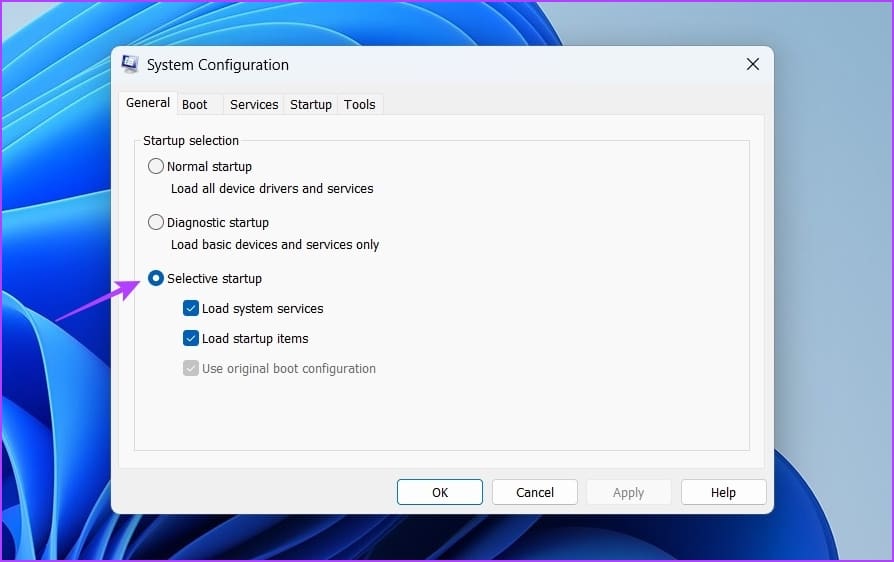 Selective startup in msconfig