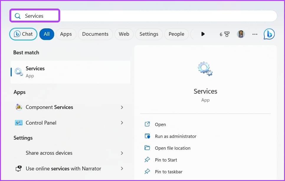 Services in Start menu