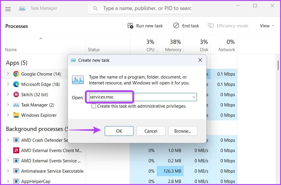 Typing Services command in the Create new task