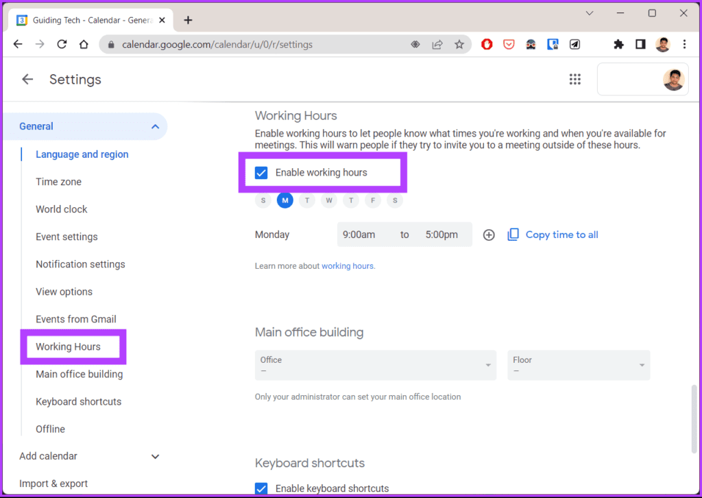 check the box next to ‘Enable working hours’