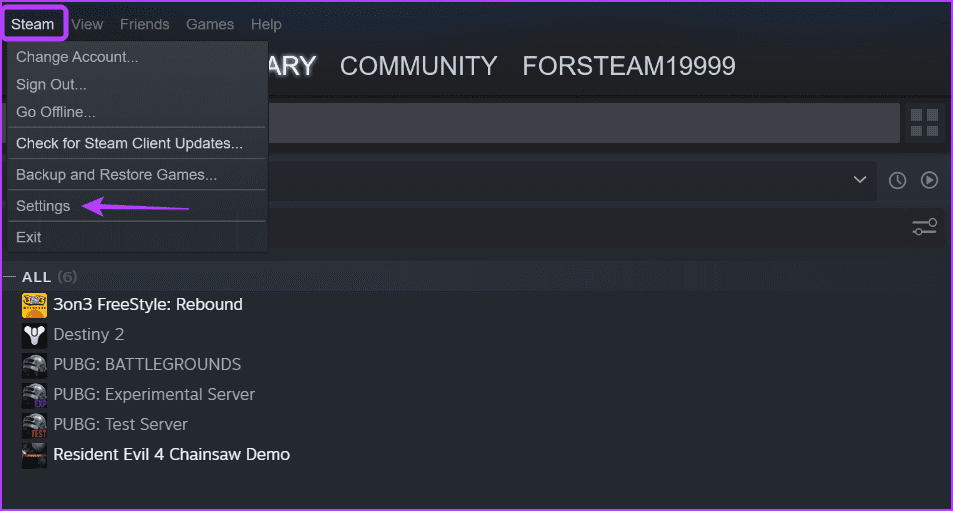 Settings option in Steam
