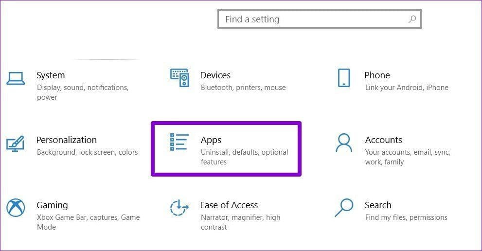 Settings Menu in Windows 10