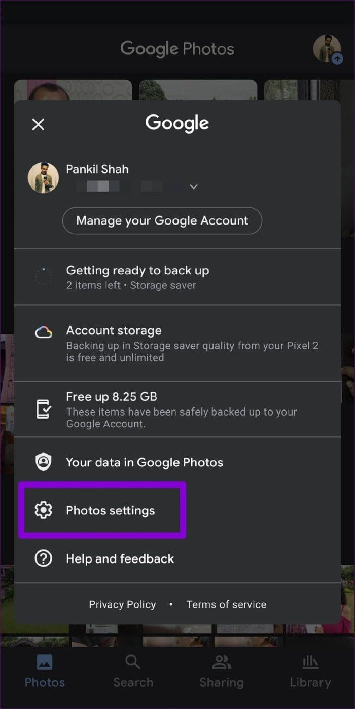 Settings on Google Photos