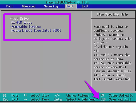Setup utility bootable devices