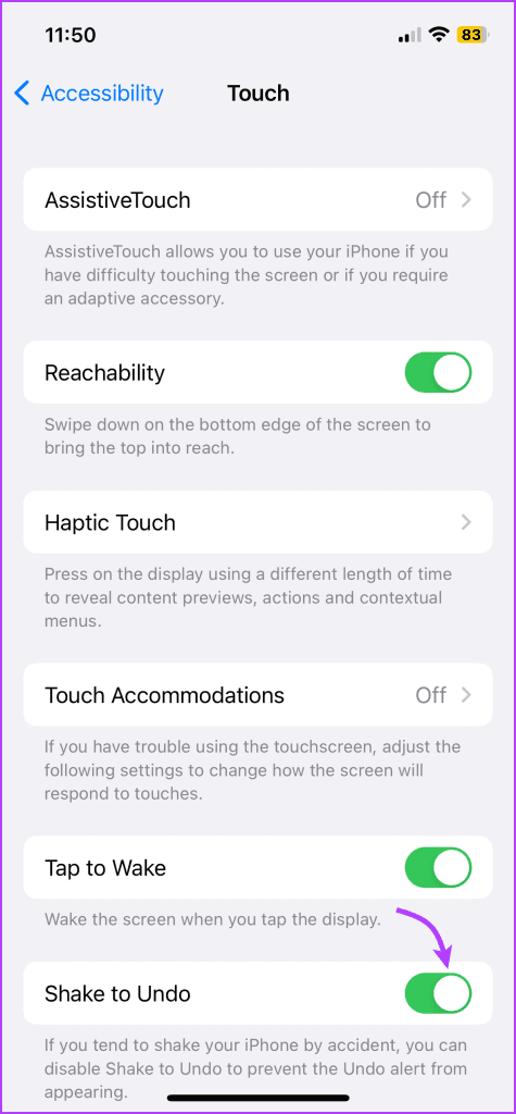 Toggle on Shake to Undo 