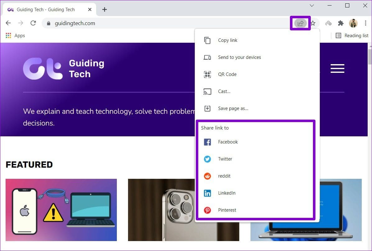 Share Page Link to Social Sites from Chrome