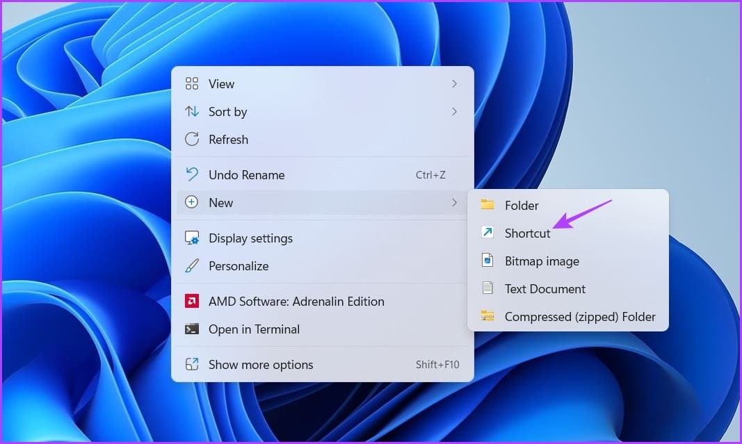 Shortcut option on the desktop