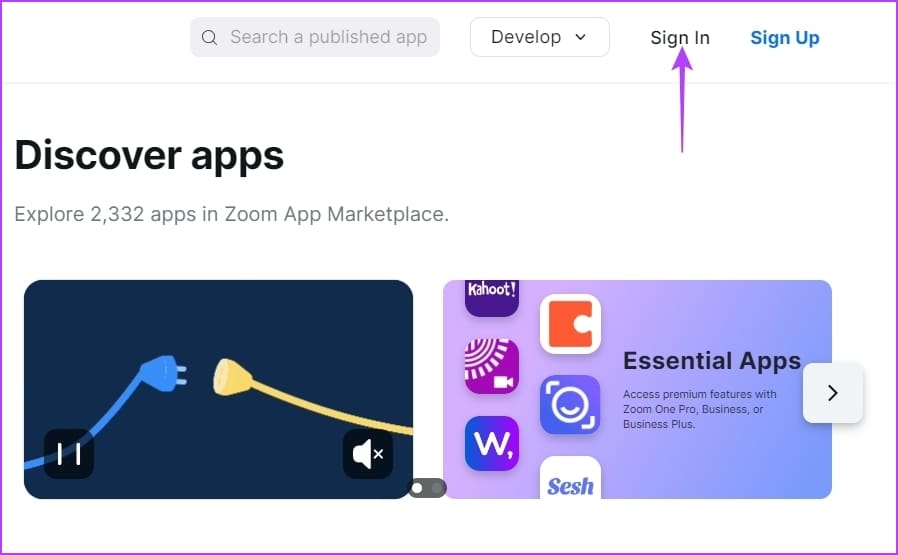 Sign in option of Zoom Marketplace