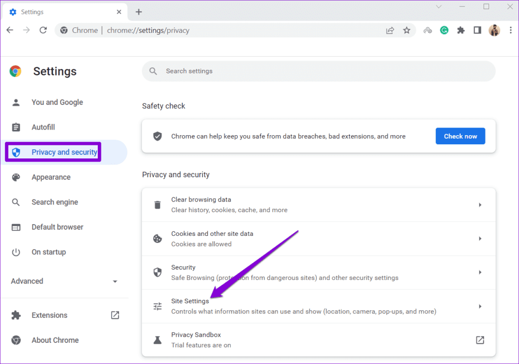 Site Settings in Chrome