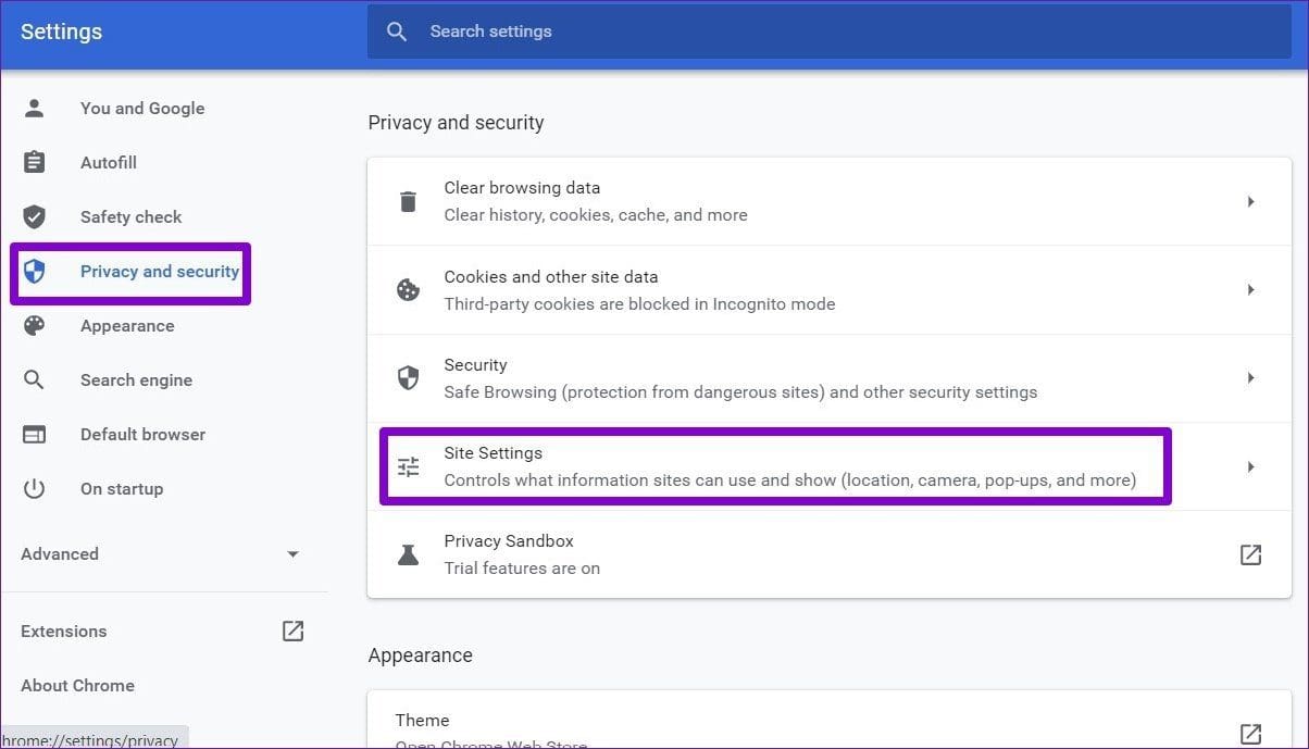 Site Settings in Chrome