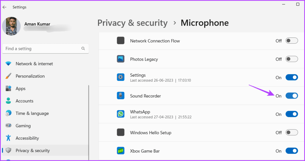 Sound recorder in the Settings app