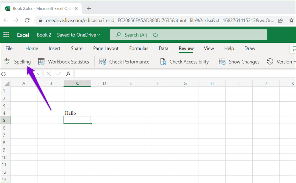 Spelling Tab in Excel Online