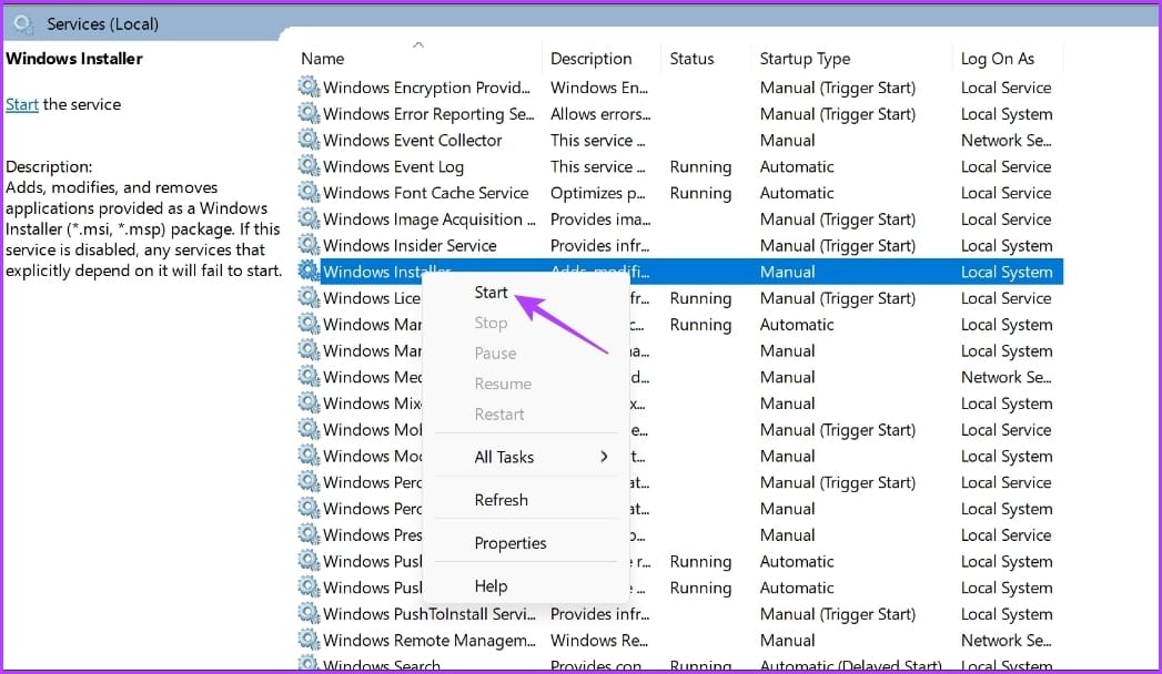 Start option of Windows Installer service