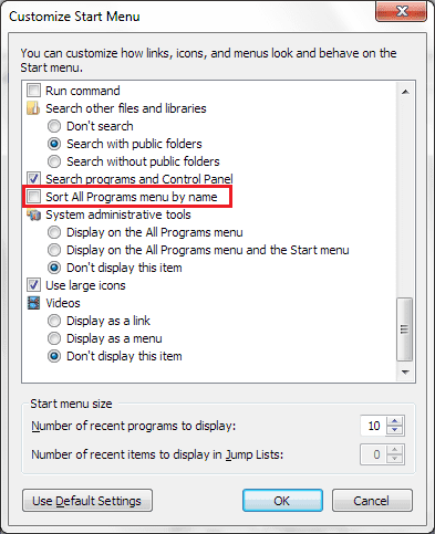 Start Menu Sort Programs