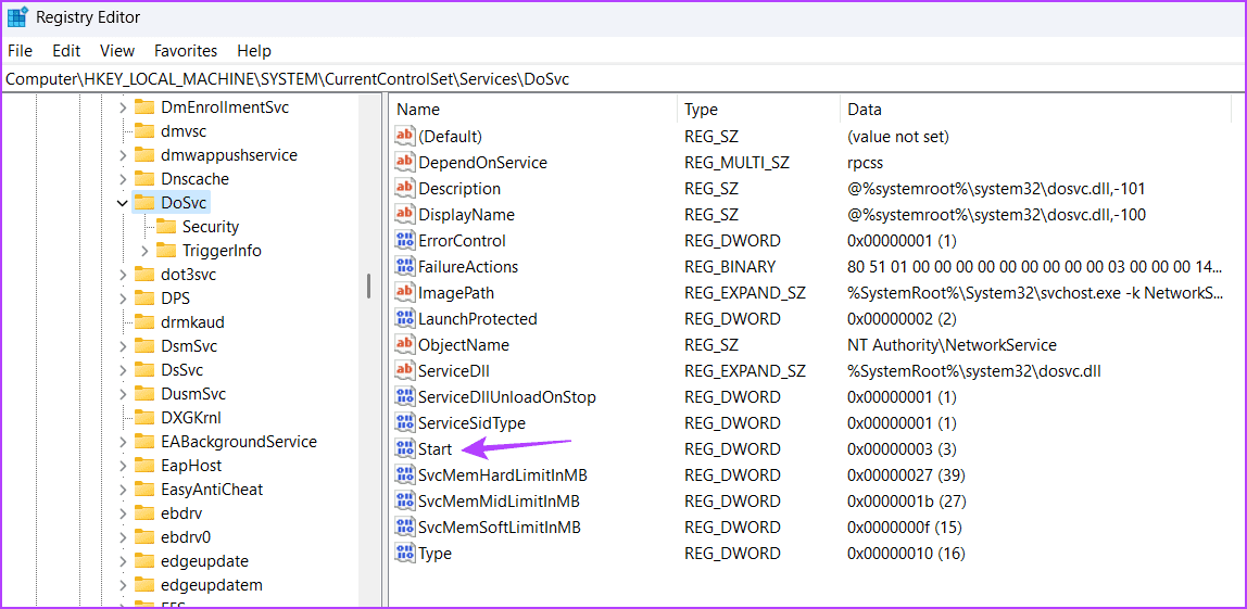 Start key In the Registry Editor