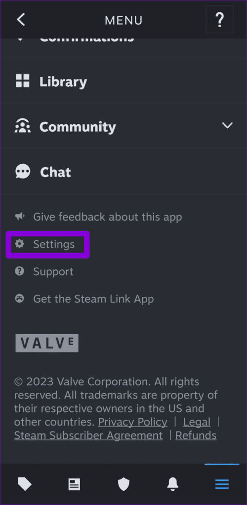 Steam App Settings on Mobile