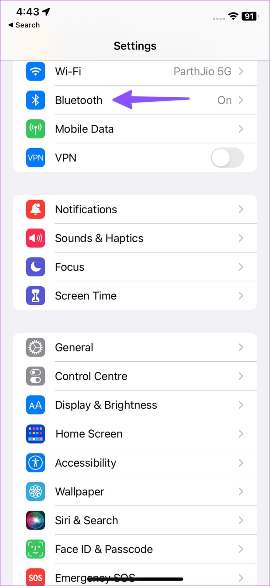open Bluetooth on iPhone