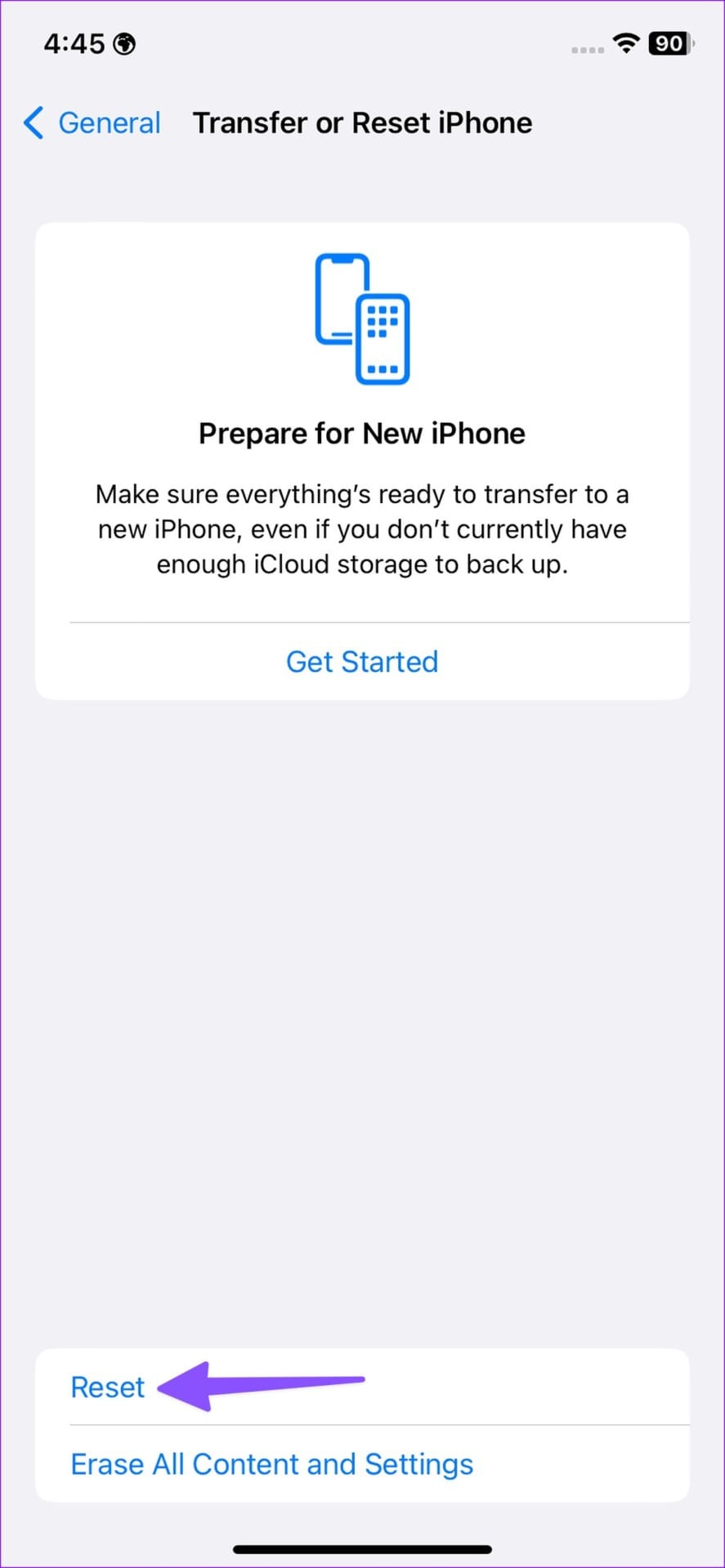 reset on iPhone