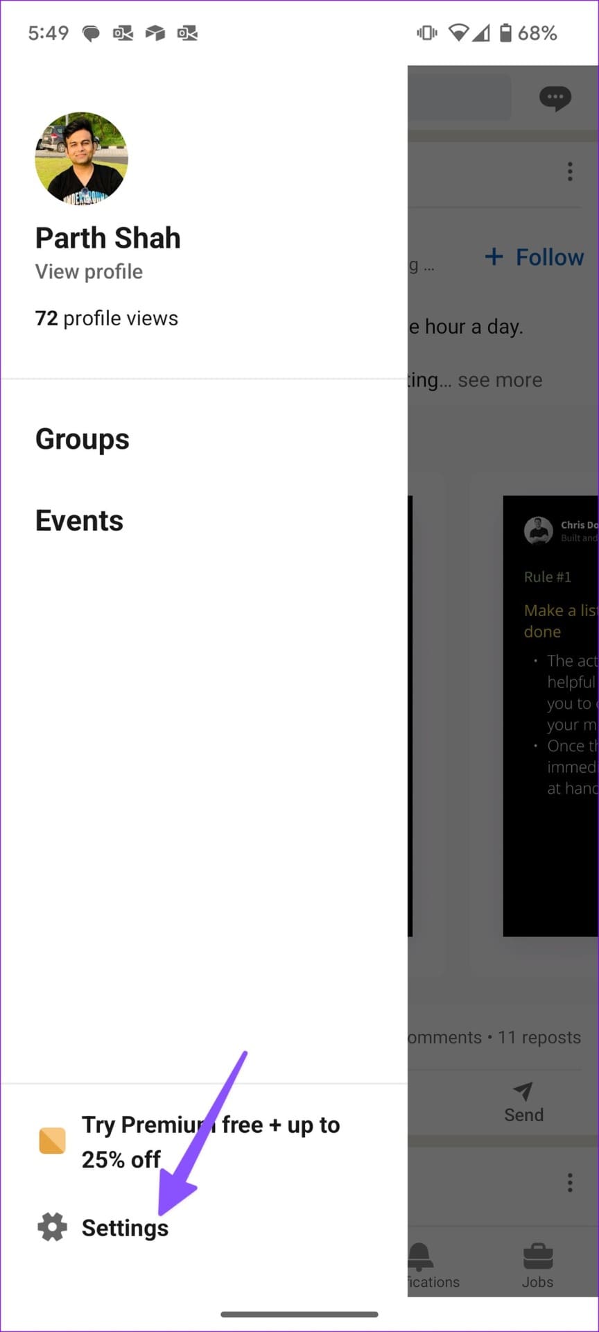 LinkedIn settings on mobile