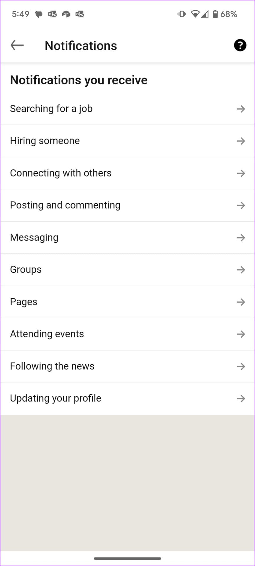 LinkedIn notification categories