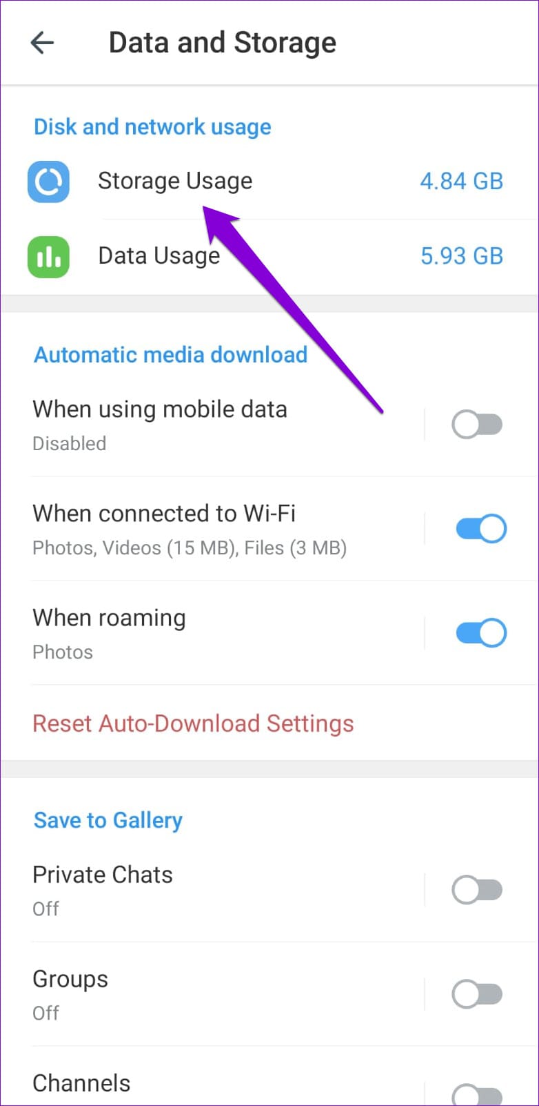 Storage Usage in Telegram App