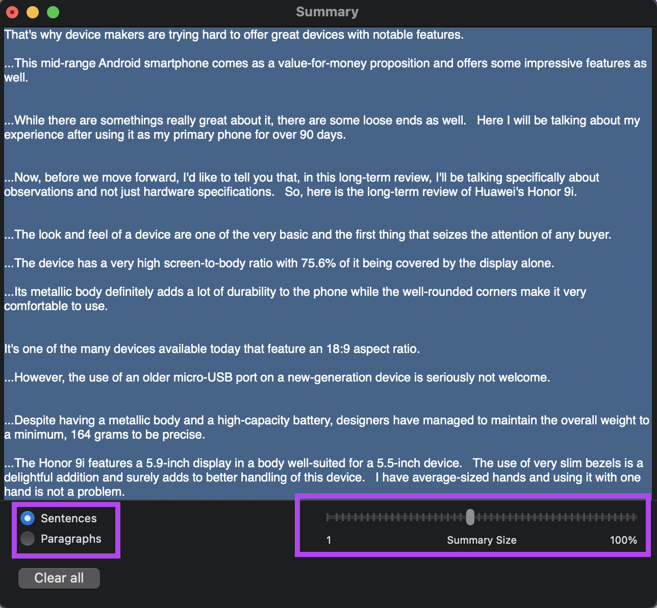 Summarize Tool Settings Highlighted