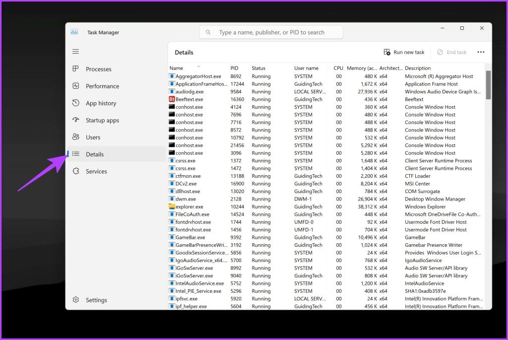 Switch to the Details option from the left sidebar