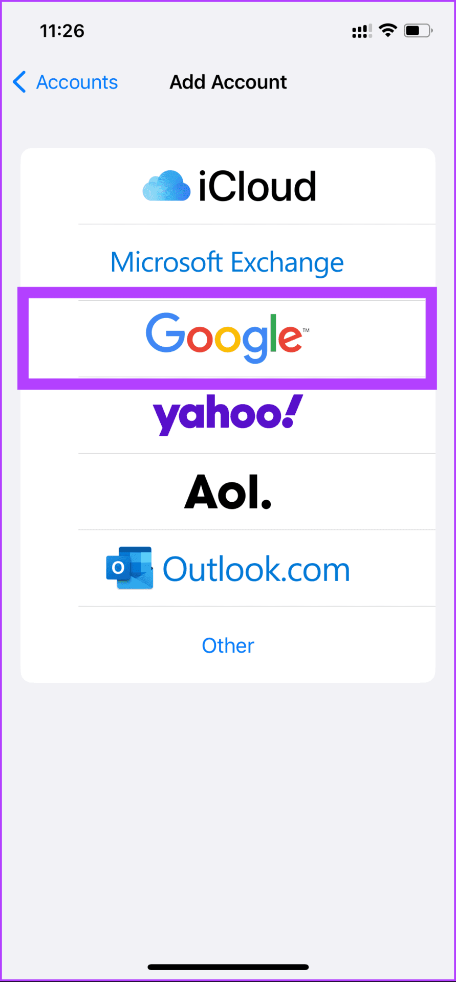 Select Google or Outlook account