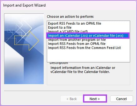 select the ‘Import an iCalendar (.ics) or VCalendar file (.vcs)’ option