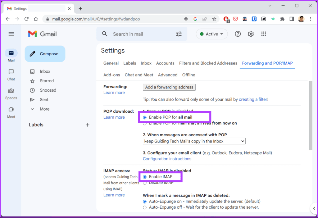 POP download and IMAP access are enabled