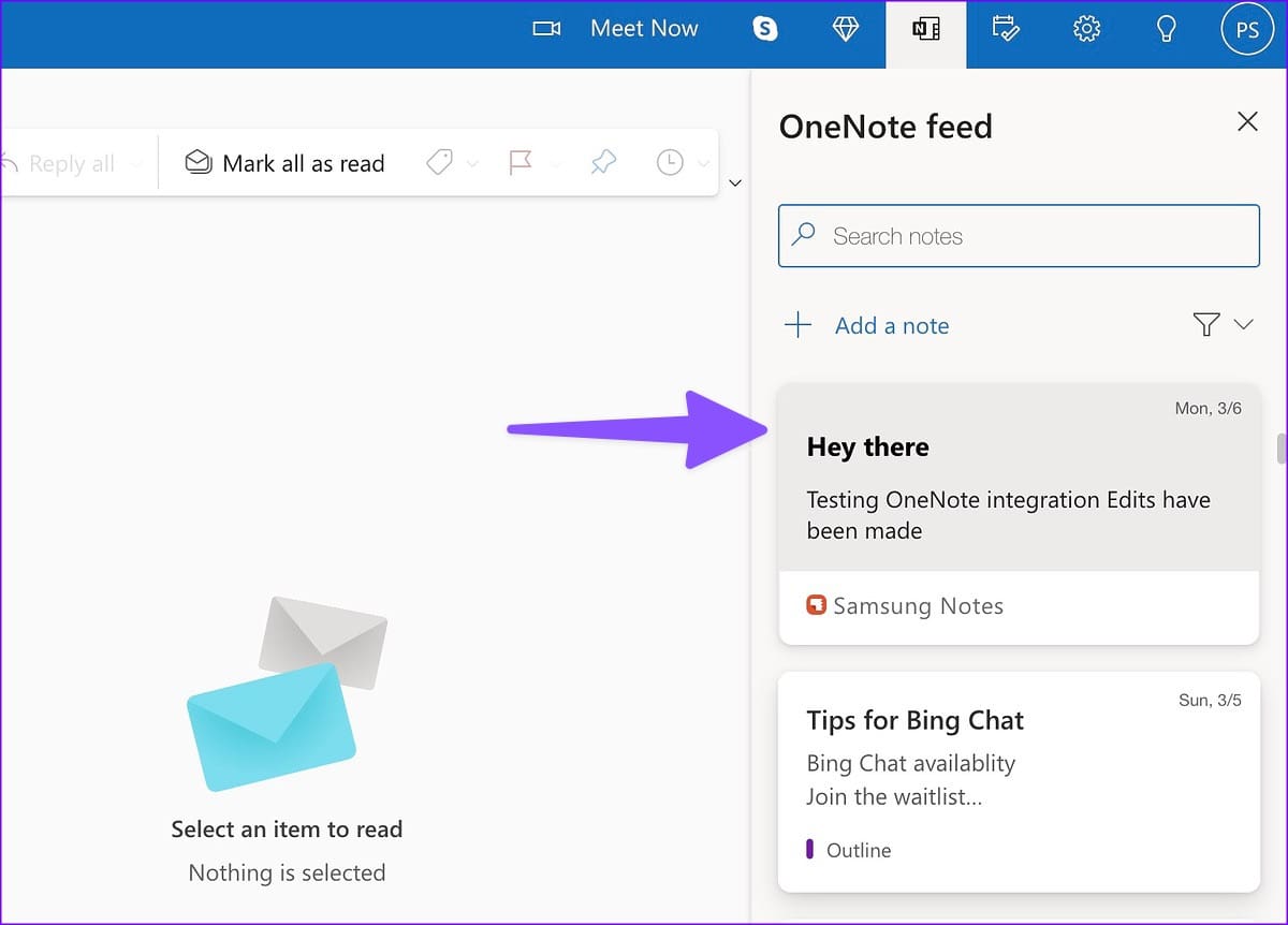 Samsung Notes in Outlook web
