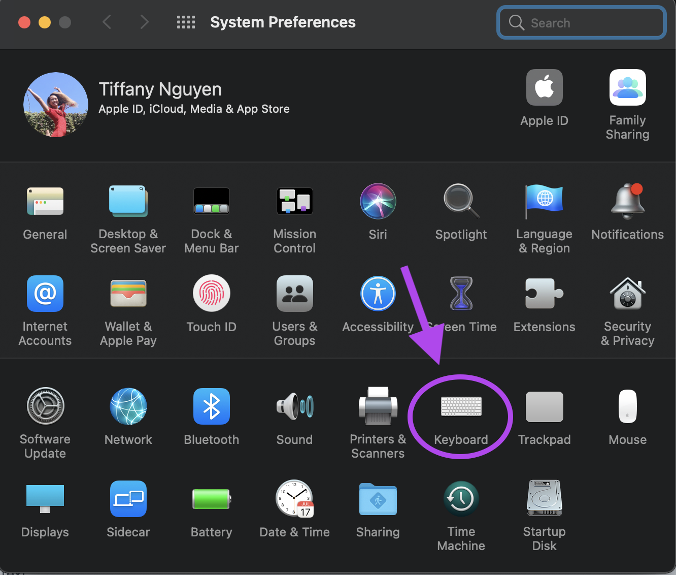System Preferences Keyboard Highlighted