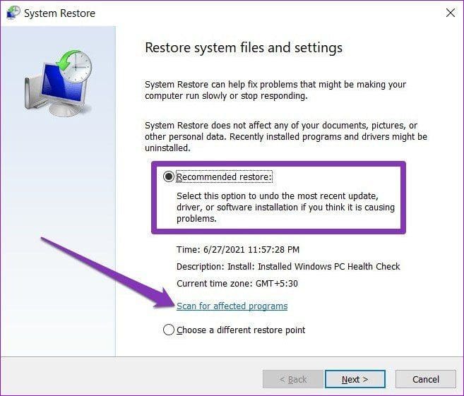 System Restore Window