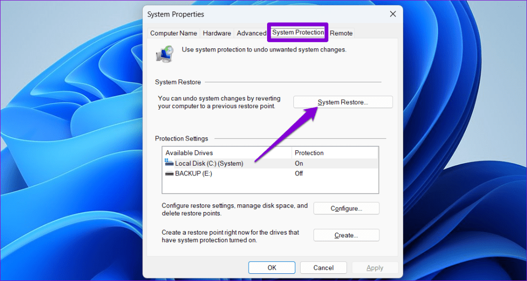 Open System Restore on Windows 11