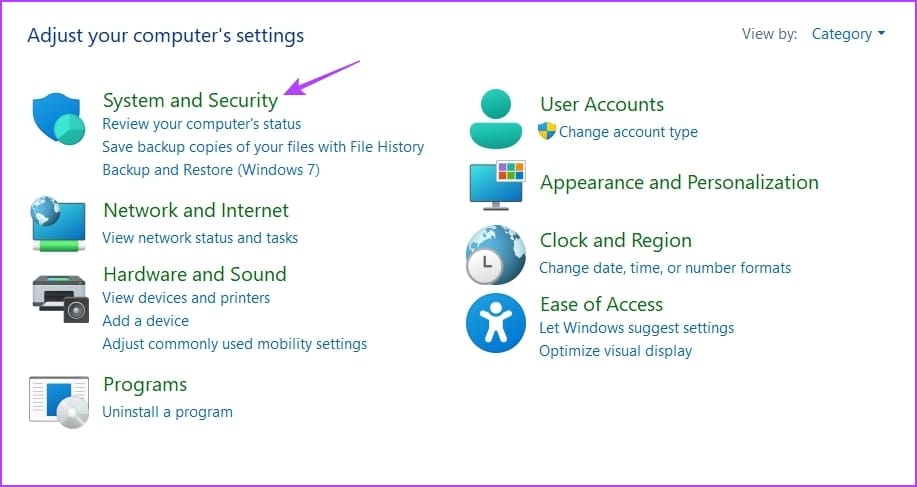 System and Security option in Control Panel