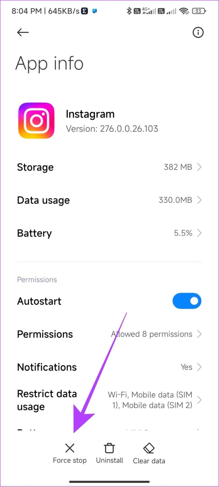 Tap force stop to solve story unavailable error on Instagram