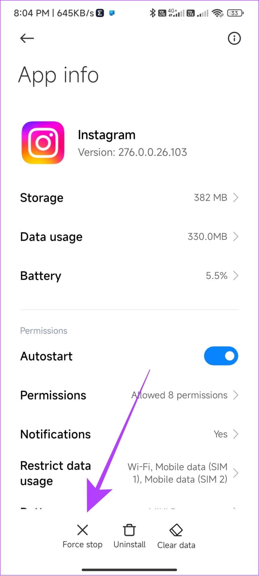 Tap force stop to solve story unavailable error on Instagram