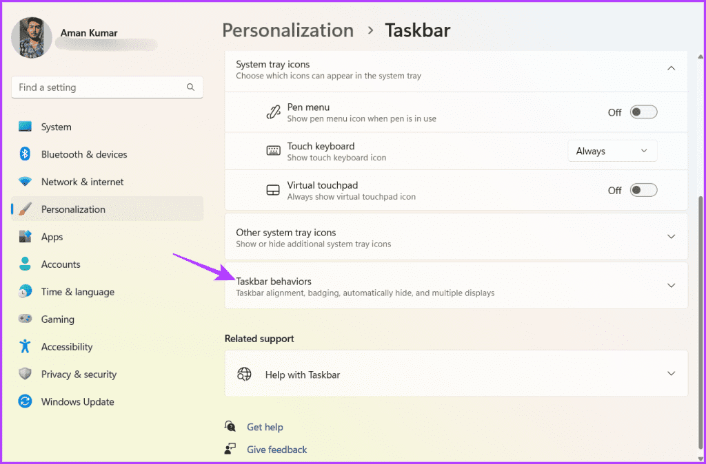 Taskbar behaviors option in Settings
